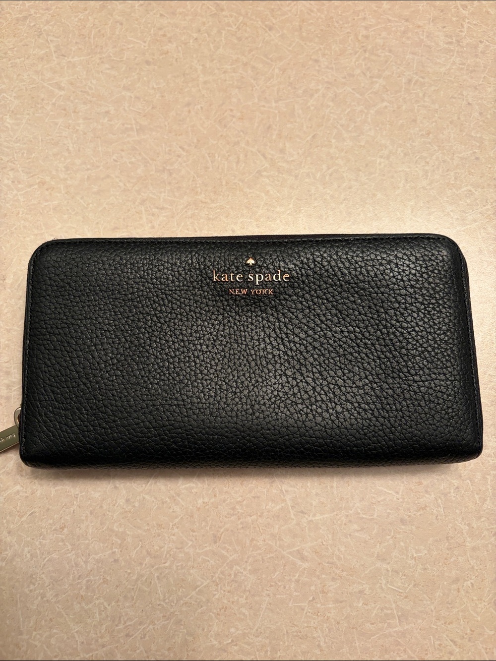 Kate Spade Black Pebbled Leather Zip Wallet with Gold Logo